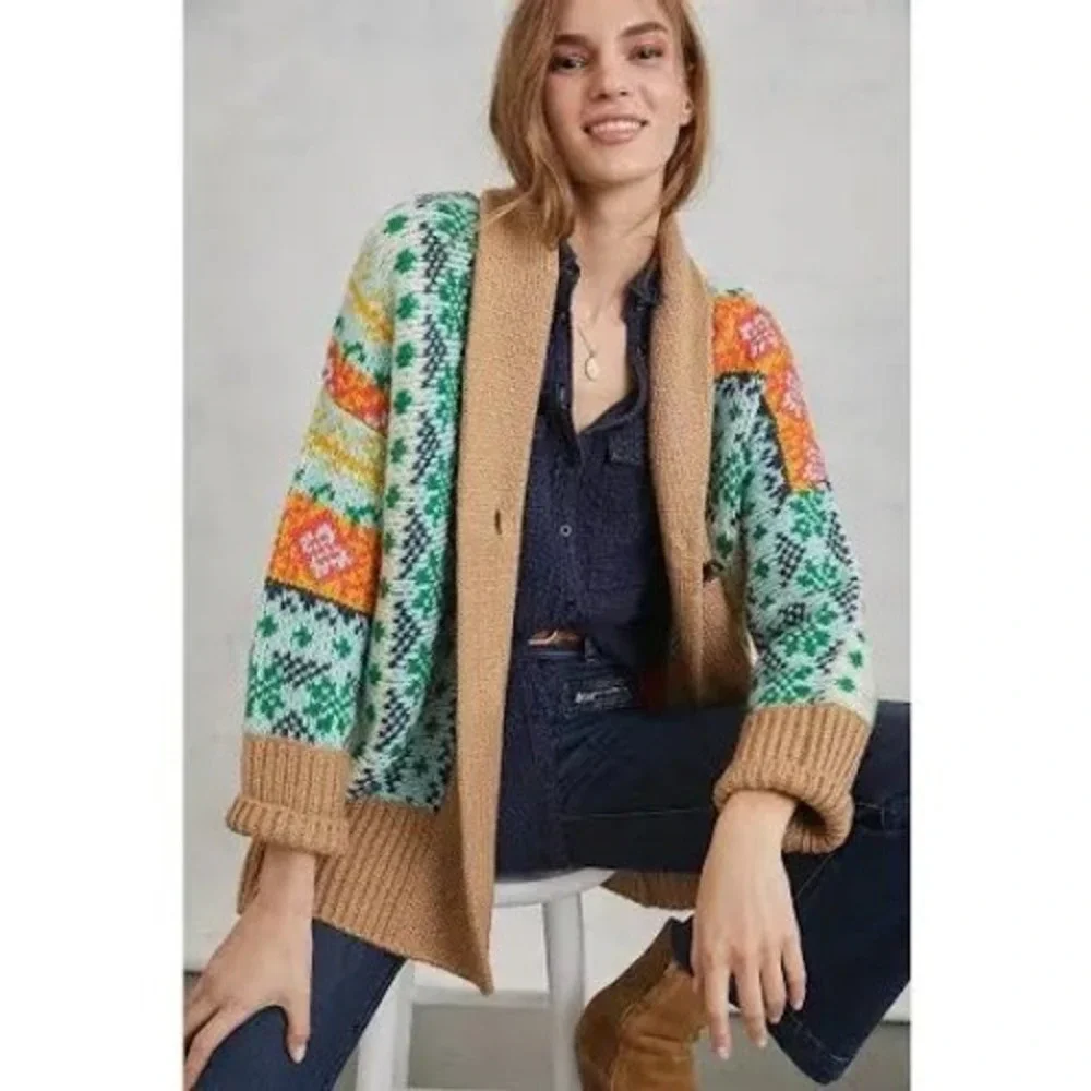 Anthropologie Fair Isle Shawl Collar Toggle Cardigan Sweater Multi Color M/L - Picture 2 of 9